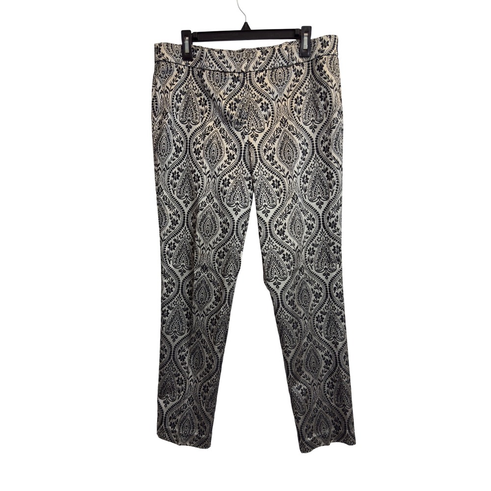 Worthington Black Silver Damask Jacquard Low Rise Slim Fit Pants Womens 10